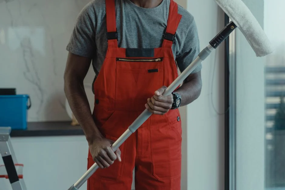 A team of cleaners in red uniforms mopping and wiping glass in a modern dining room.